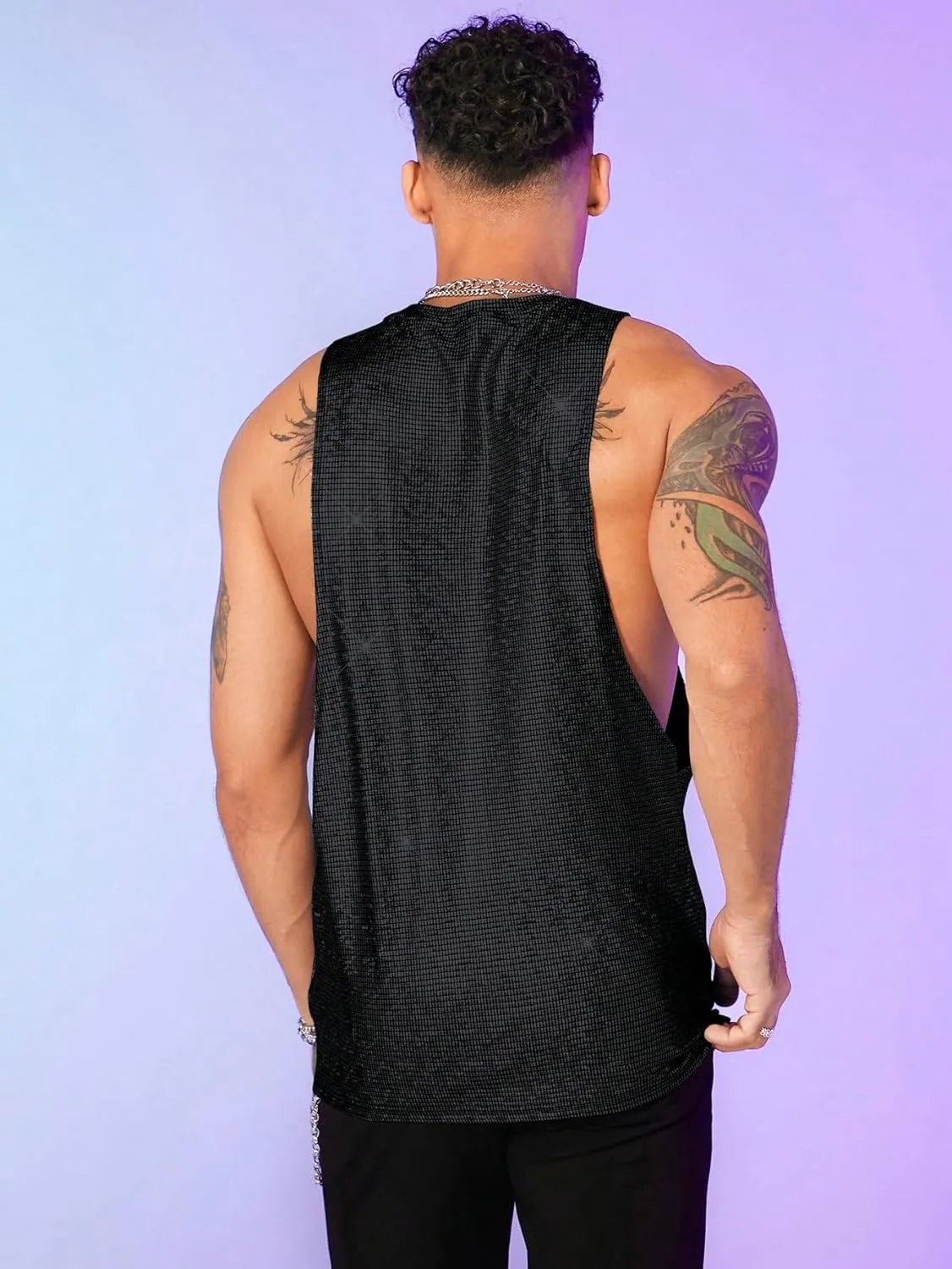 WDIRARA Men's Glitter Sequin Round Neck Sleeveless Tank Tops Cut Open Side Club Party T Shirt