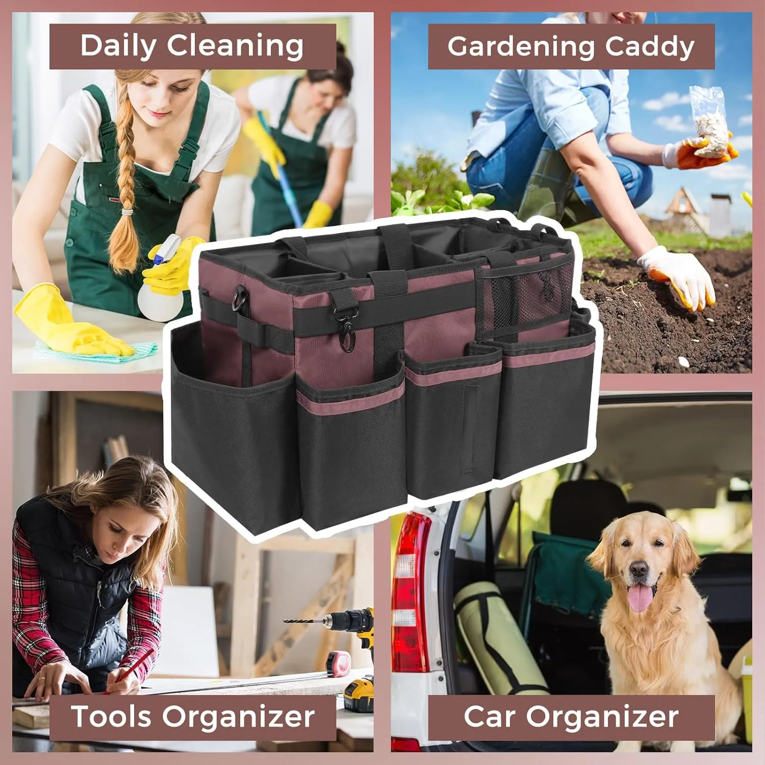 Wearable Cleaning Caddy, Cleaning Caddy Supplies Organizer with Handle & Shoulder Straps for Housekeepers, Under Sink & Car Cleaning Tool Organizers Bag with 4 Foldable Divider (LotusPink)