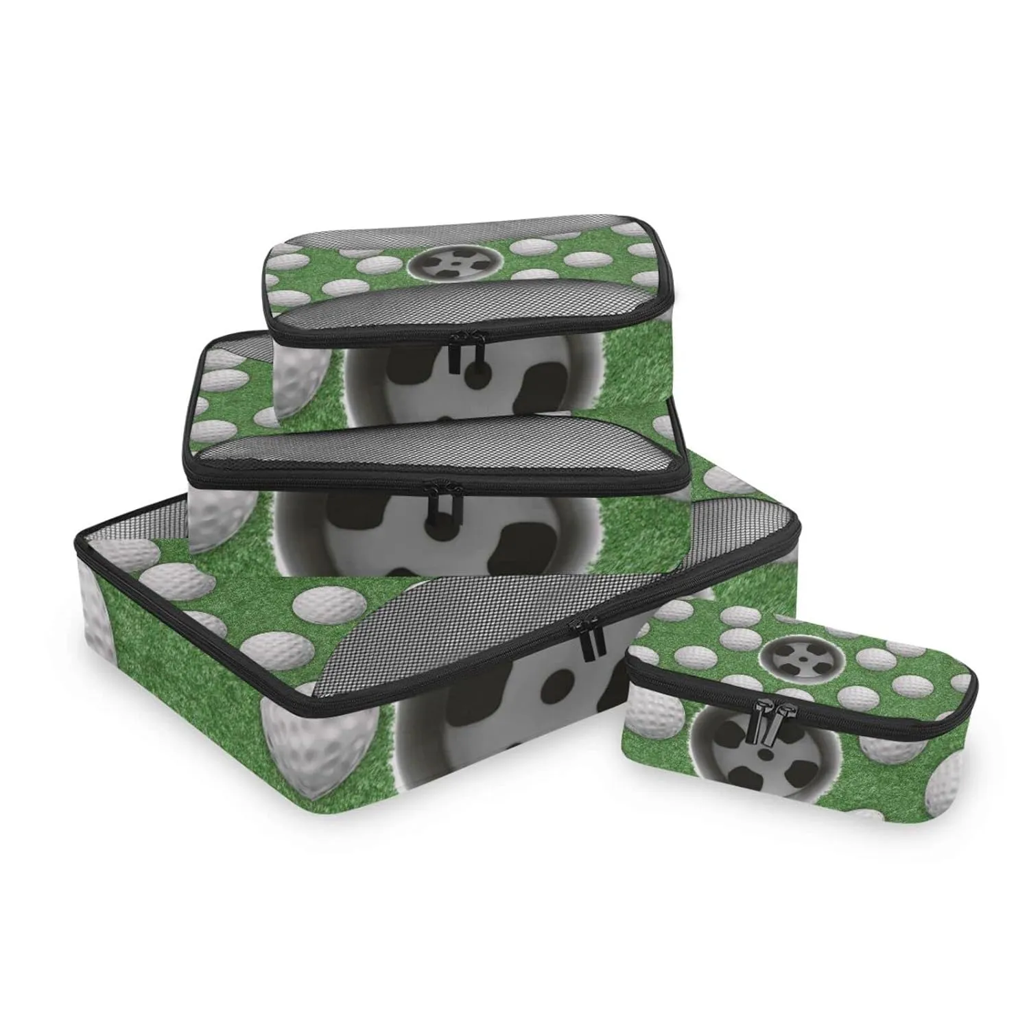 White Golf Balls on Green Missed Target 4 Set Packing Cubes, Travel Packing Organizers, 600D Oxford Cloth Toiletry Storage Bag, Luggage Mesh Bags for Accessories