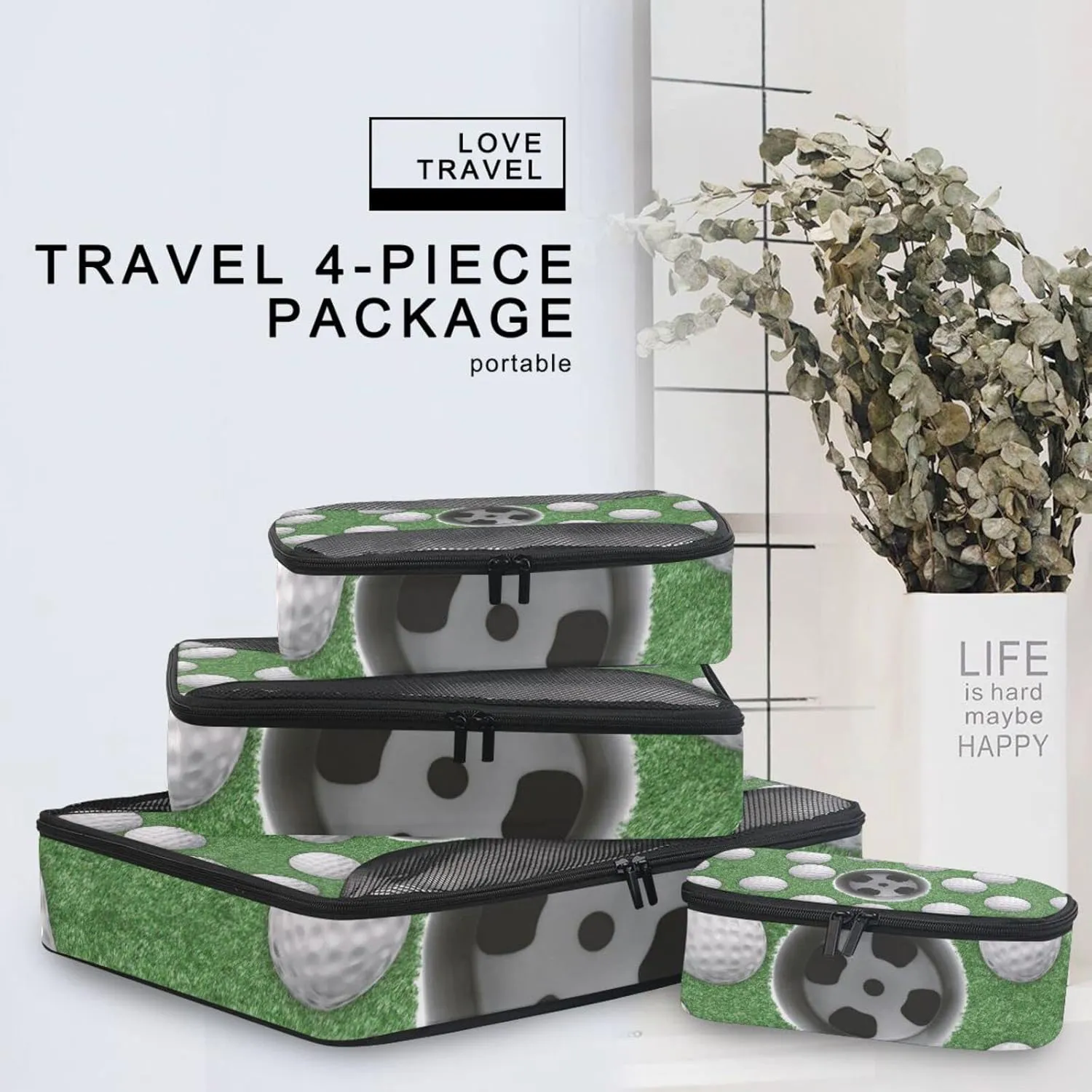 White Golf Balls on Green Missed Target 4 Set Packing Cubes, Travel Packing Organizers, 600D Oxford Cloth Toiletry Storage Bag, Luggage Mesh Bags for Accessories