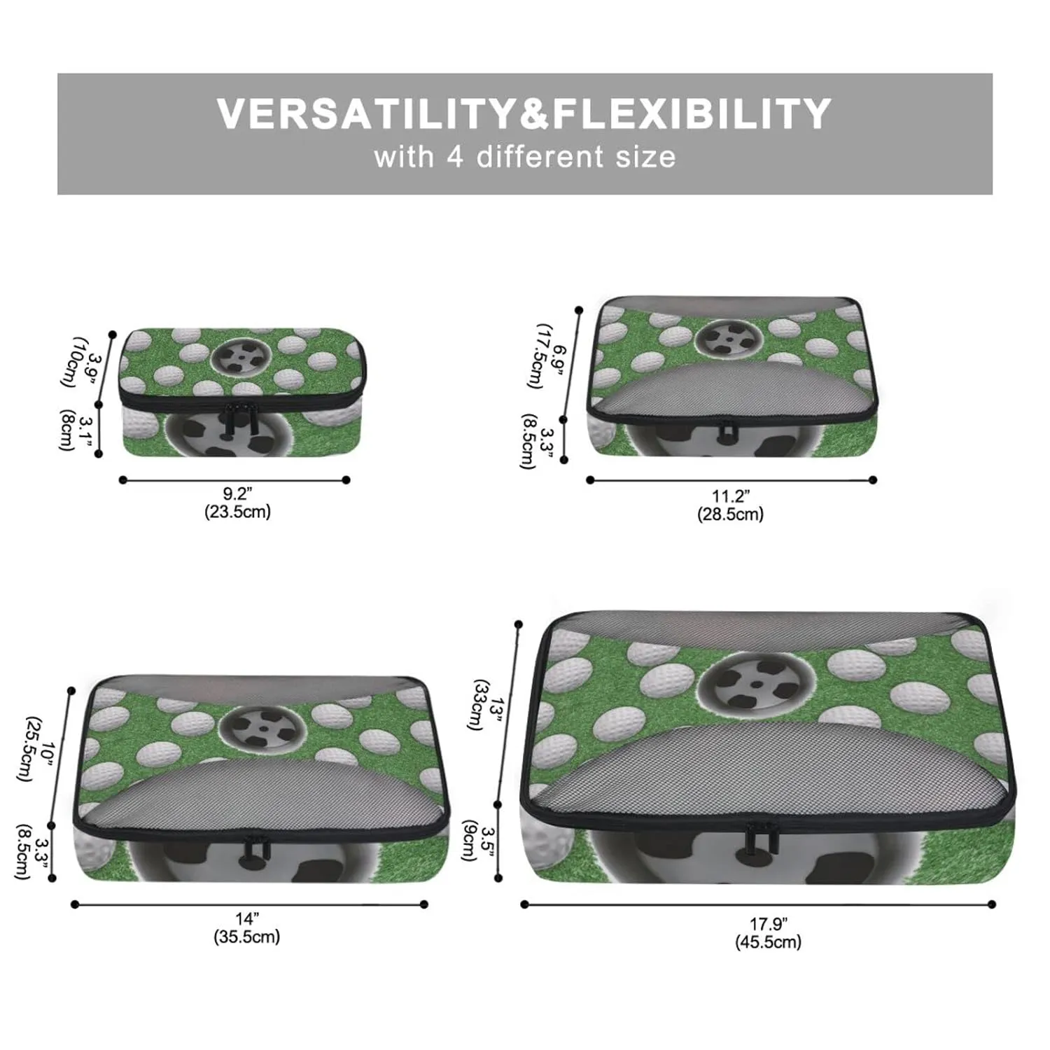 White Golf Balls on Green Missed Target 4 Set Packing Cubes, Travel Packing Organizers, 600D Oxford Cloth Toiletry Storage Bag, Luggage Mesh Bags for Accessories