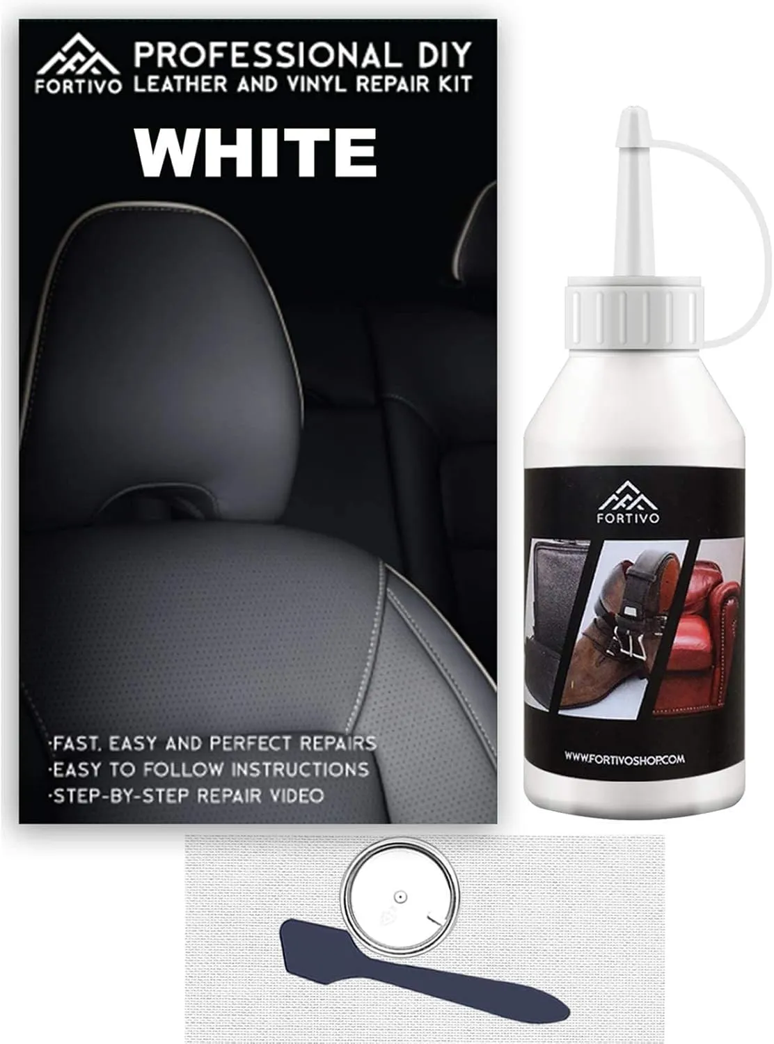 White Leather Repair Kit for Couches, Vinyl Repair for Furniture, Car Seats, Sofa, Jackets, Purses, Belts, Shoes, Works on Genuine, Italian, Bonded, PU Leather, No Heat Needed