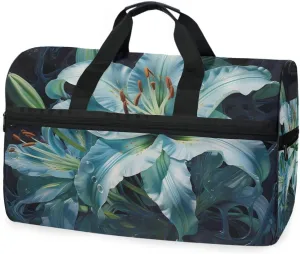 White Lily Flower Travel Duffel Bag Luggage Sports Gym Bags With Shoes Compartment Large Capacity Lightweight Duffle Bag For Men Women