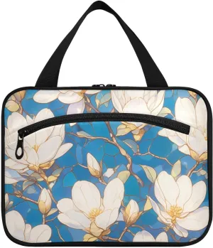 White Magnolia Flowers hanging travel organizer bags with hook, designer foldable toiletry bag for accessories must haves work bolso viajero para mujer M