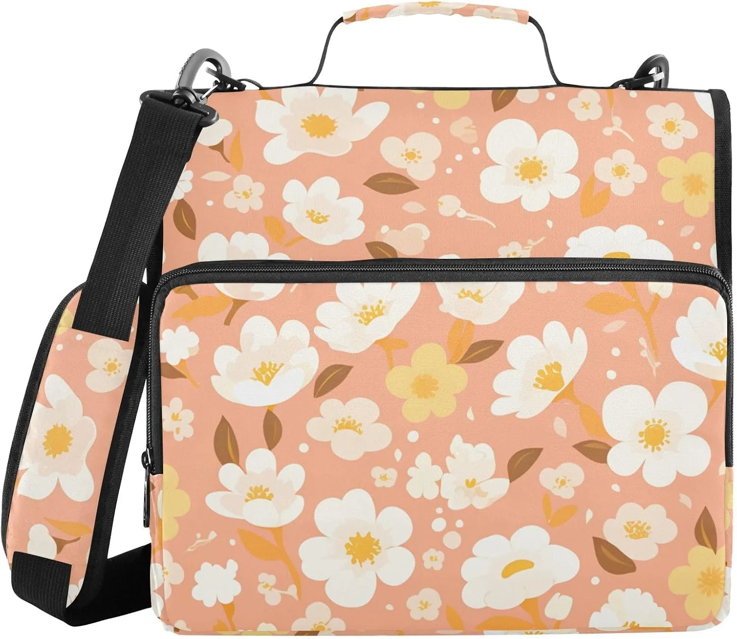 White Yellow Little Flowers 3 Rings 1.5 inch Zipper Binder with Shoulder Strap & Handle Laege Capacity School Supplies Organizer for School and Office