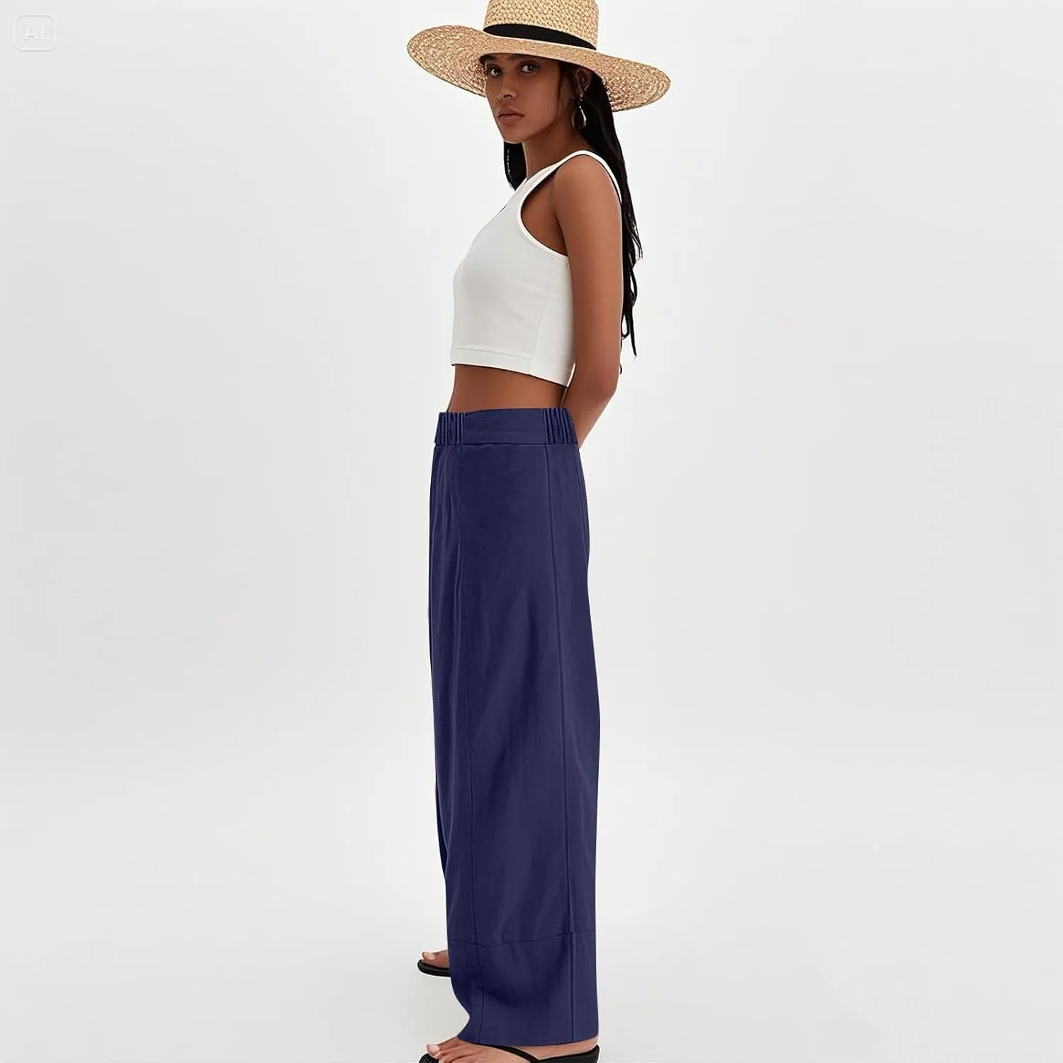 Wide Leg Linen Pants for Women Baggy Elastic High Waist Palazzo Pants Casual Summer Flowy Beach Trousers with Pockets