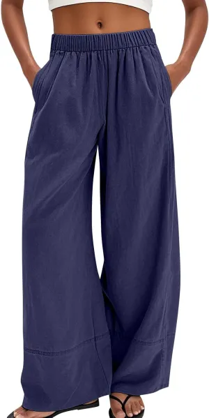 Wide Leg Linen Pants for Women Baggy Elastic High Waist Palazzo Pants Casual Summer Flowy Beach Trousers with Pockets