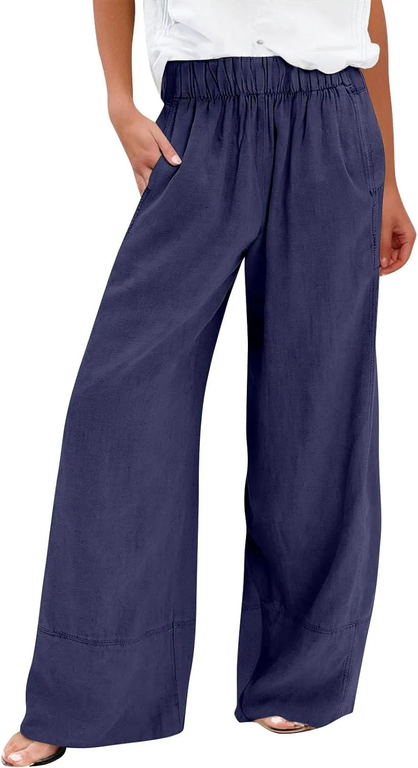 Wide Leg Linen Pants for Women Baggy Elastic High Waist Palazzo Pants Casual Summer Flowy Beach Trousers with Pockets
