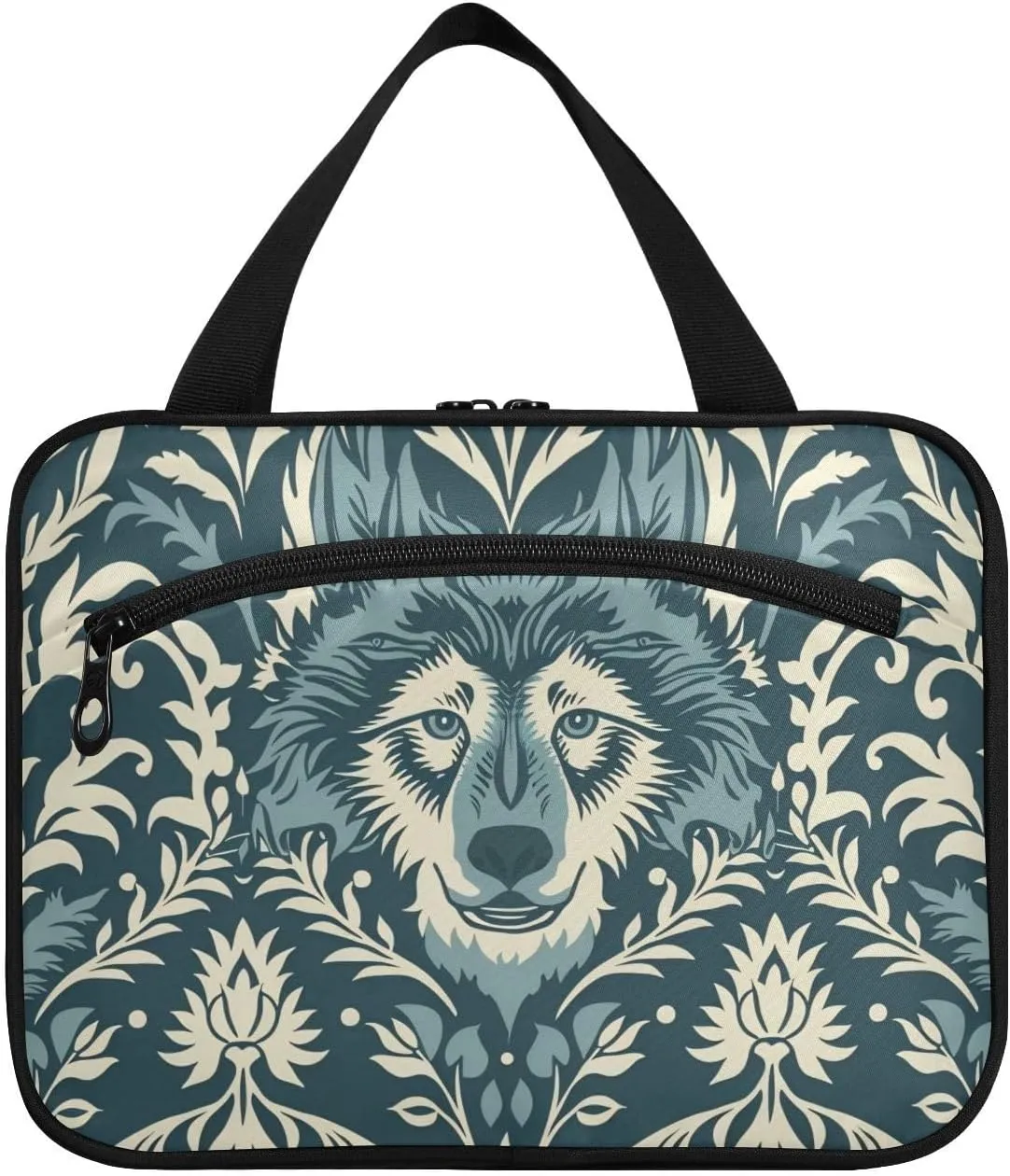 William Morris Style Design Wolf Teal hanging hanging travel toiletry bag with hook, designer waterproof for travel accessories bolsas para maquillaje de mujer L