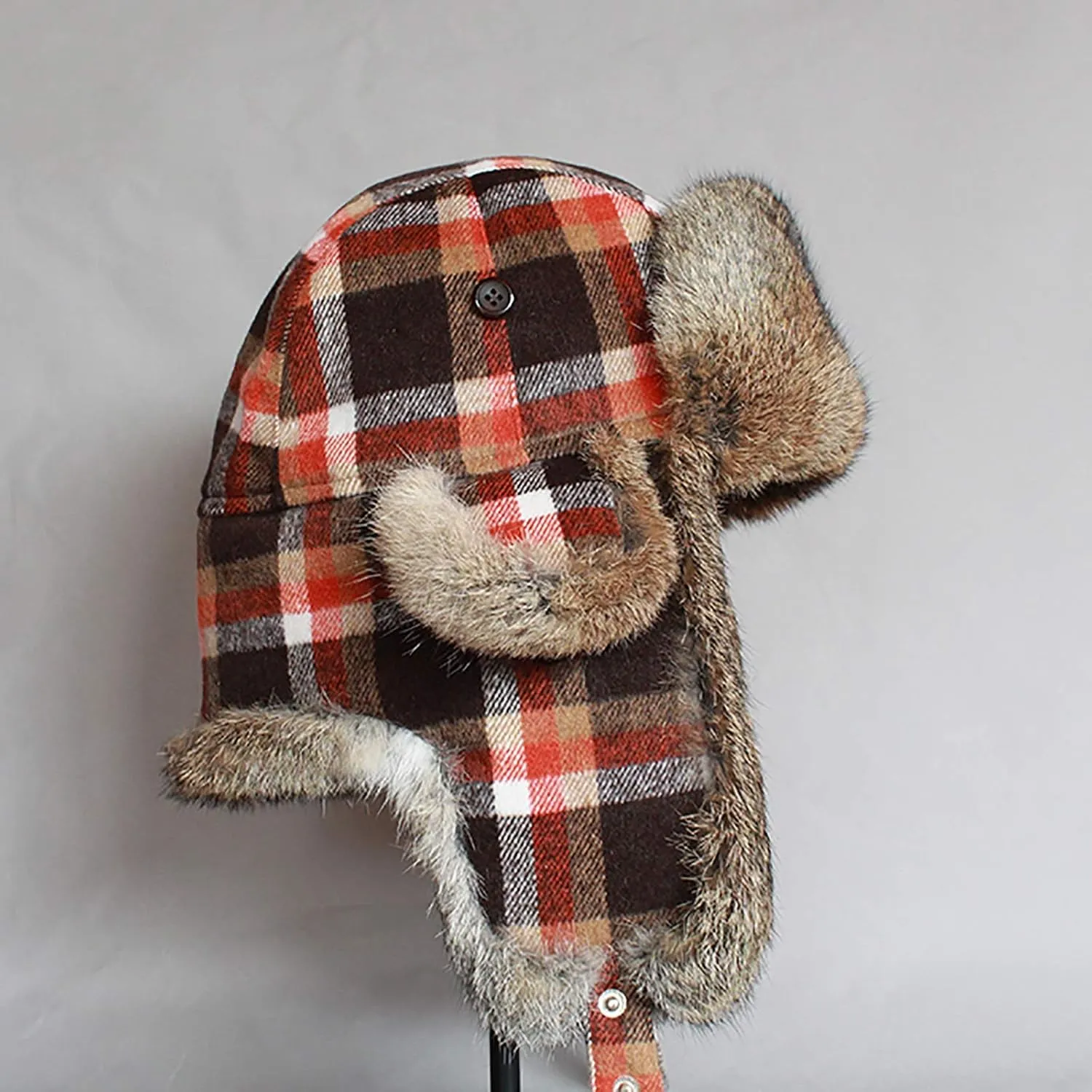 Winter Hats, Hat Plaid Aviator Hat Unisex Trapper Trooper Hat Keep Warm Pilot Hat with Faux Fur Windproof Hat Winter