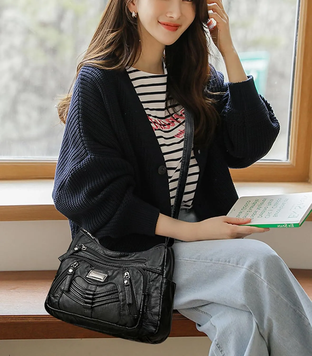 WITERY Crossboby Bag for Women - Soft PU Leather Multi-Pocket Shoulder Bag Handbag with Adjustable Strap