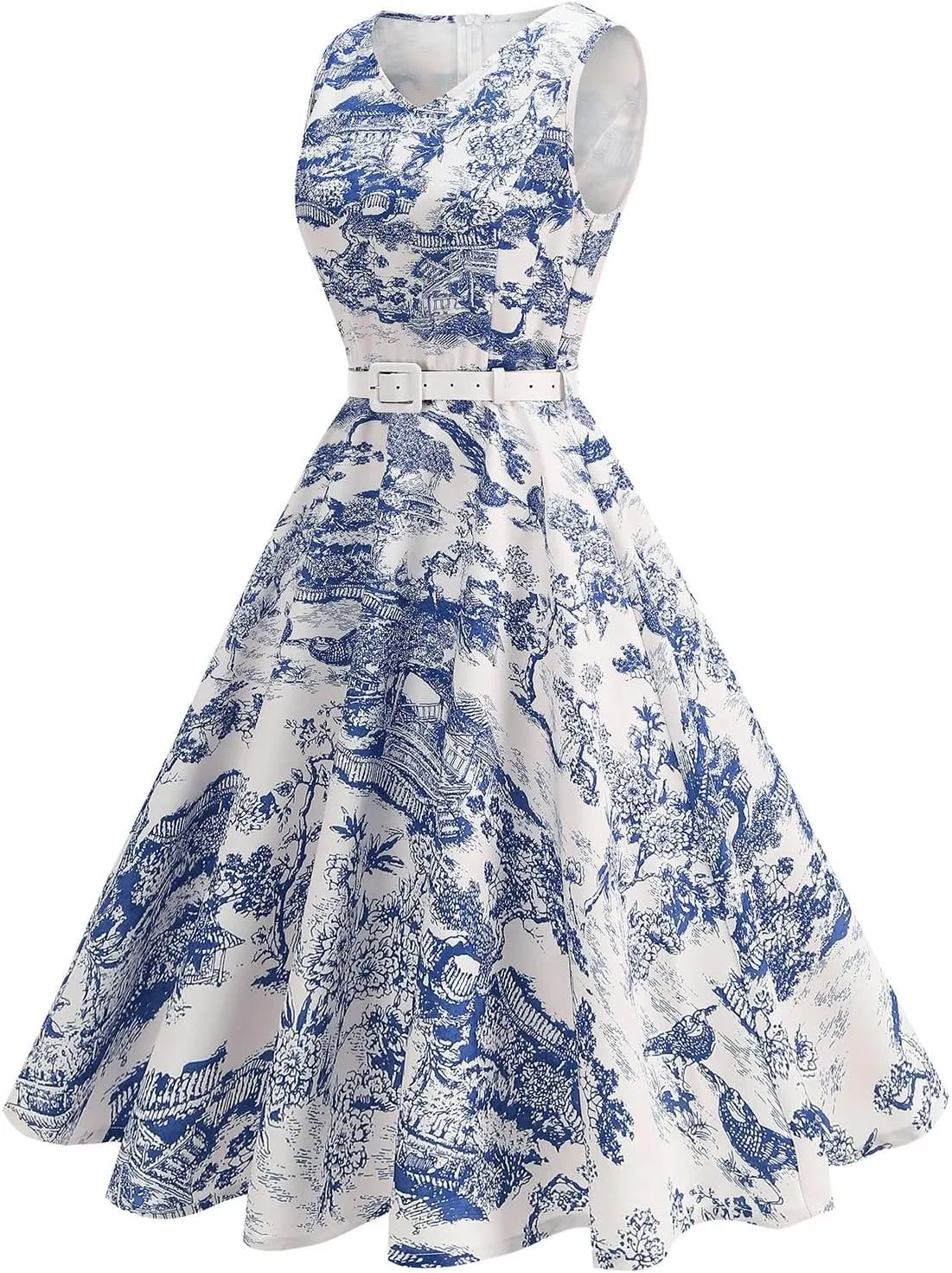 Women 1950s Vintage Rockabilly Cocktail Swing Dress Pinup 50s Retro Hepburn V Neck Sleeveless Print A-Line Belted Dress
