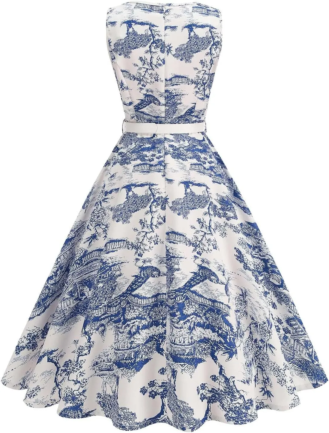 Women 1950s Vintage Rockabilly Cocktail Swing Dress Pinup 50s Retro Hepburn V Neck Sleeveless Print A-Line Belted Dress