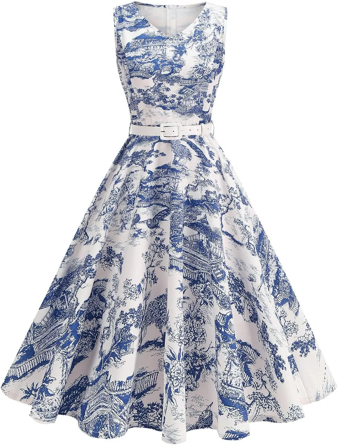 Women 1950s Vintage Rockabilly Cocktail Swing Dress Pinup 50s Retro Hepburn V Neck Sleeveless Print A-Line Belted Dress
