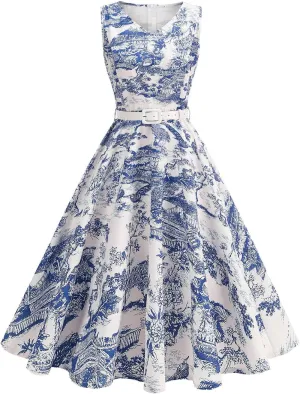 Women 1950s Vintage Rockabilly Cocktail Swing Dress Pinup 50s Retro Hepburn V Neck Sleeveless Print A-Line Belted Dress