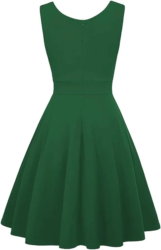 Women 50s 60s Vintage Sleeveless V-Neck Cocktail Swing Dress 1950s Wedding Semi Formal Party Rockabilly Evening Prom Dress