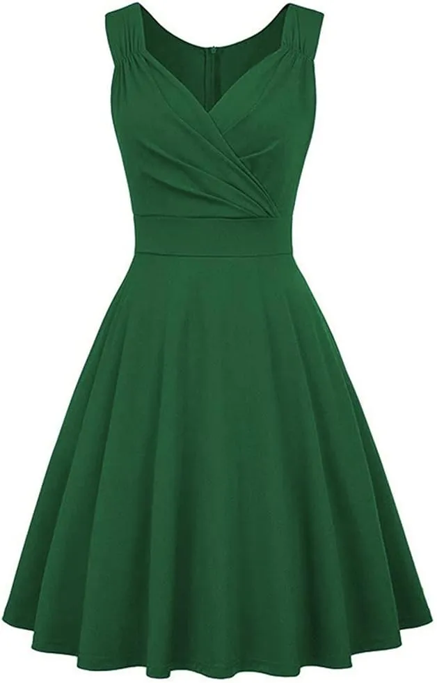 Women 50s 60s Vintage Sleeveless V-Neck Cocktail Swing Dress 1950s Wedding Semi Formal Party Rockabilly Evening Prom Dress