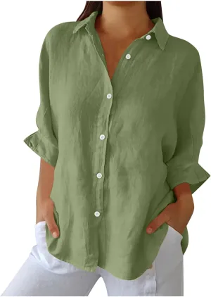 Women Casual Half Sleeve Button Down Shirts Summer Solid Casual Cotton Linen Tops Tie Back Design Fashion T Shirt