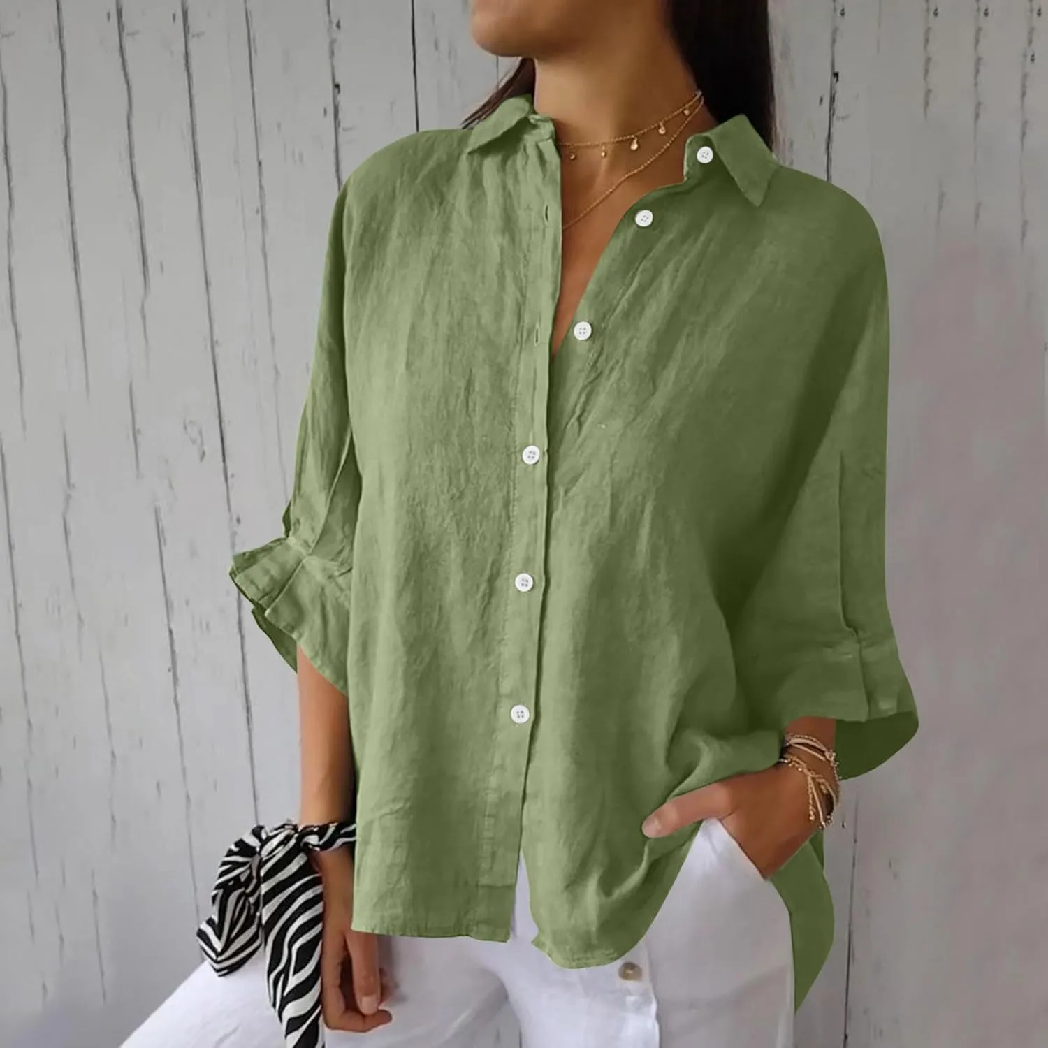 Women Casual Half Sleeve Button Down Shirts Summer Solid Casual Cotton Linen Tops Tie Back Design Fashion T Shirt