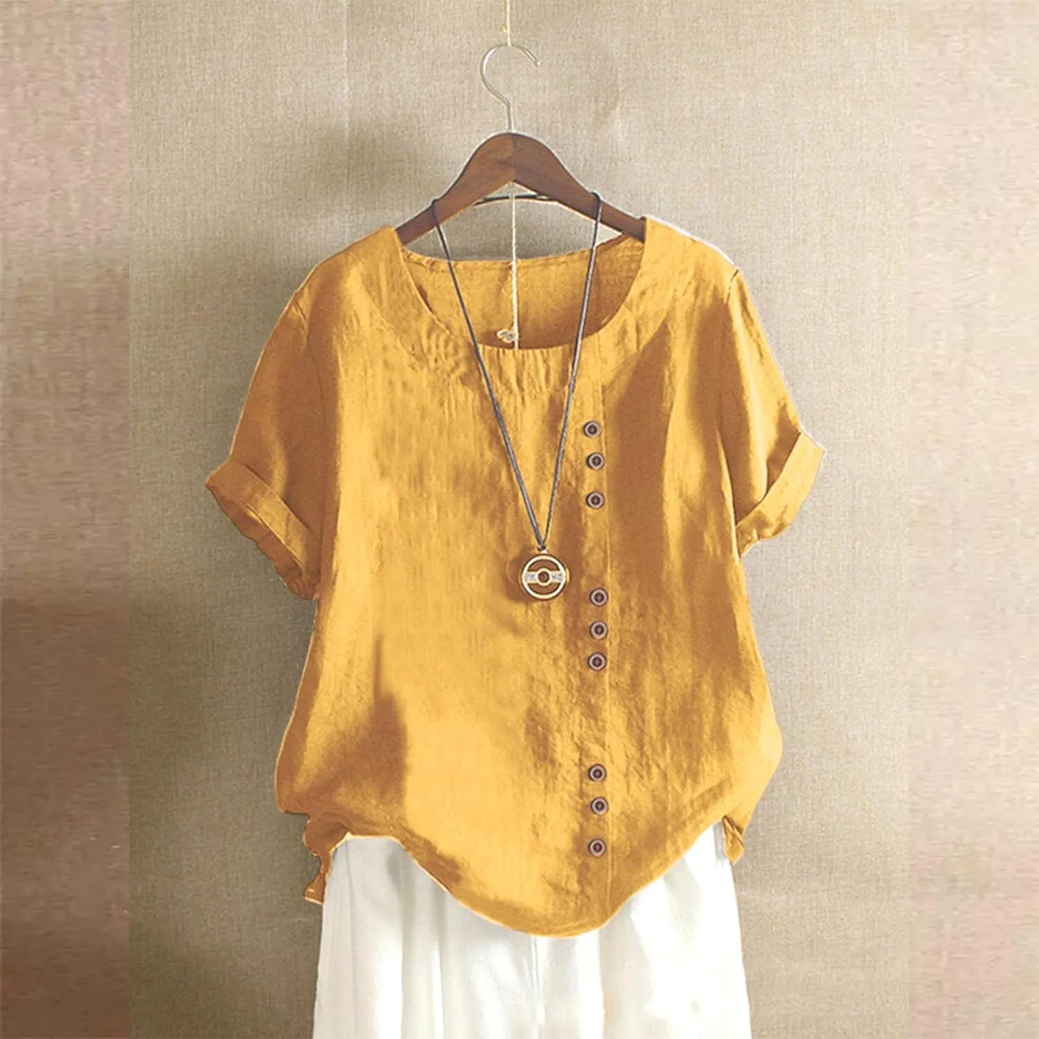 Women Cotton Linen Short Sleeve Shirts Summer Boho Floral Print Blouses Casual Button Loose Tunic Tops