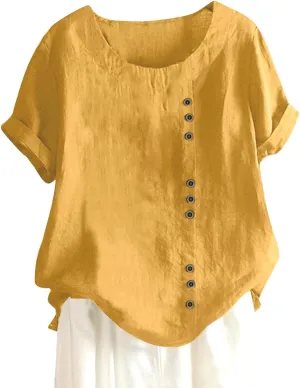Women Cotton Linen Short Sleeve Shirts Summer Boho Floral Print Blouses Casual Button Loose Tunic Tops