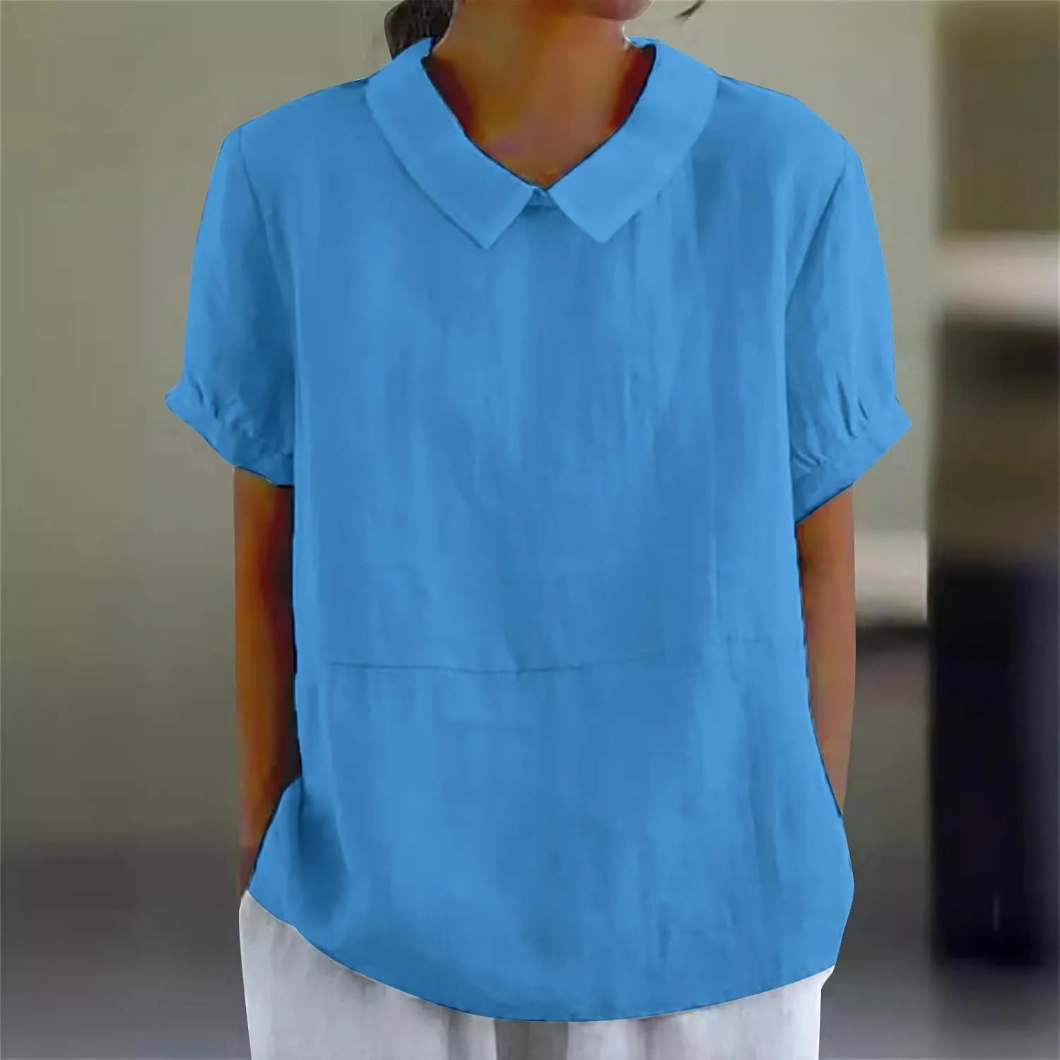 Women Cotton Linen Tops Summer Solid Collared Short Sleeve Shirt Casual Loose Tunic Tops Blouses 2024