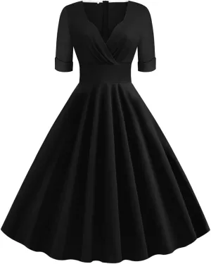 Women Double Breasted Notch Lapel 50s Vintage Short Sleeve Cocktail Swing Dress Polka Dot 1950s Rockabilly Prom Midi Dress