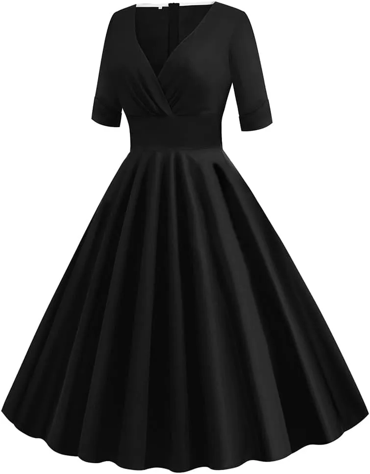 Women Double Breasted Notch Lapel 50s Vintage Short Sleeve Cocktail Swing Dress Polka Dot 1950s Rockabilly Prom Midi Dress