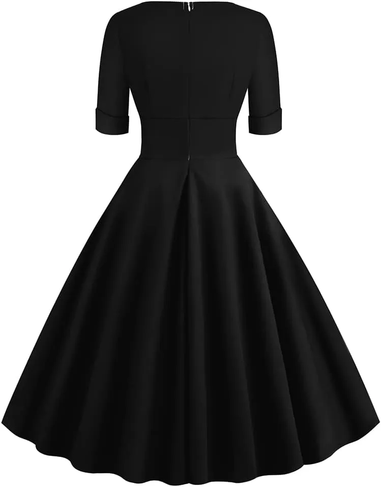 Women Double Breasted Notch Lapel 50s Vintage Short Sleeve Cocktail Swing Dress Polka Dot 1950s Rockabilly Prom Midi Dress