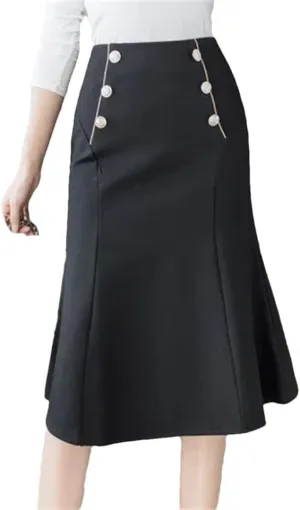Women Elastic High Waist Skirts Elegant Streetwear Black Office Korean Fashion Button Sexy Party Skirt