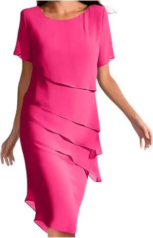 Women Elegant Ruffle Layered Chiffon Midi Dress Summer Flowy Short Sleeve Formal Wedding Cocktail Party Evening Dress