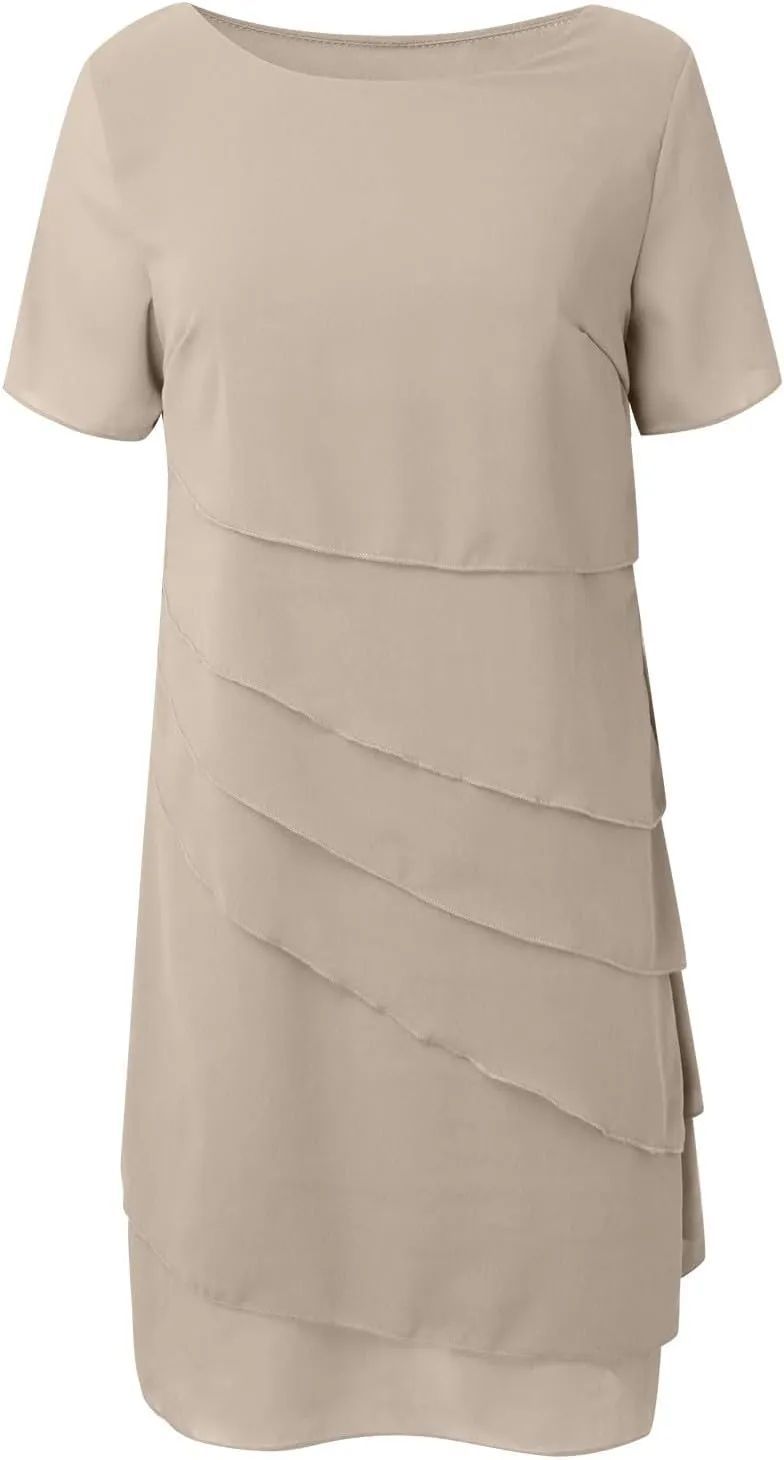 Women Elegant Ruffle Layered Chiffon Midi Dress Summer Flowy Short Sleeve Formal Wedding Cocktail Party Evening Dress
