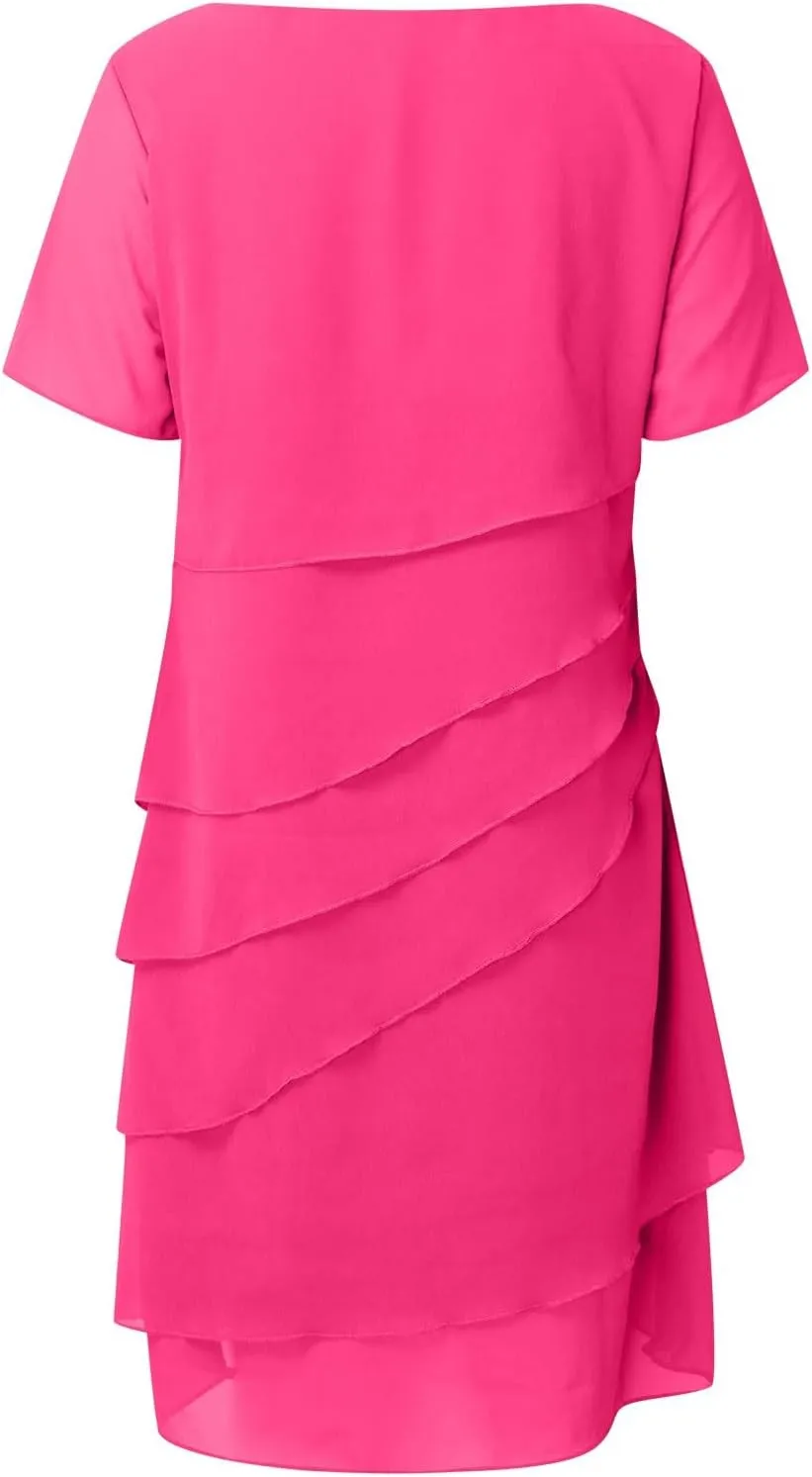 Women Elegant Ruffle Layered Chiffon Midi Dress Summer Flowy Short Sleeve Formal Wedding Cocktail Party Evening Dress
