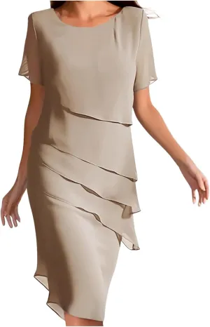 Women Elegant Ruffle Layered Chiffon Midi Dress Summer Flowy Short Sleeve Formal Wedding Cocktail Party Evening Dress