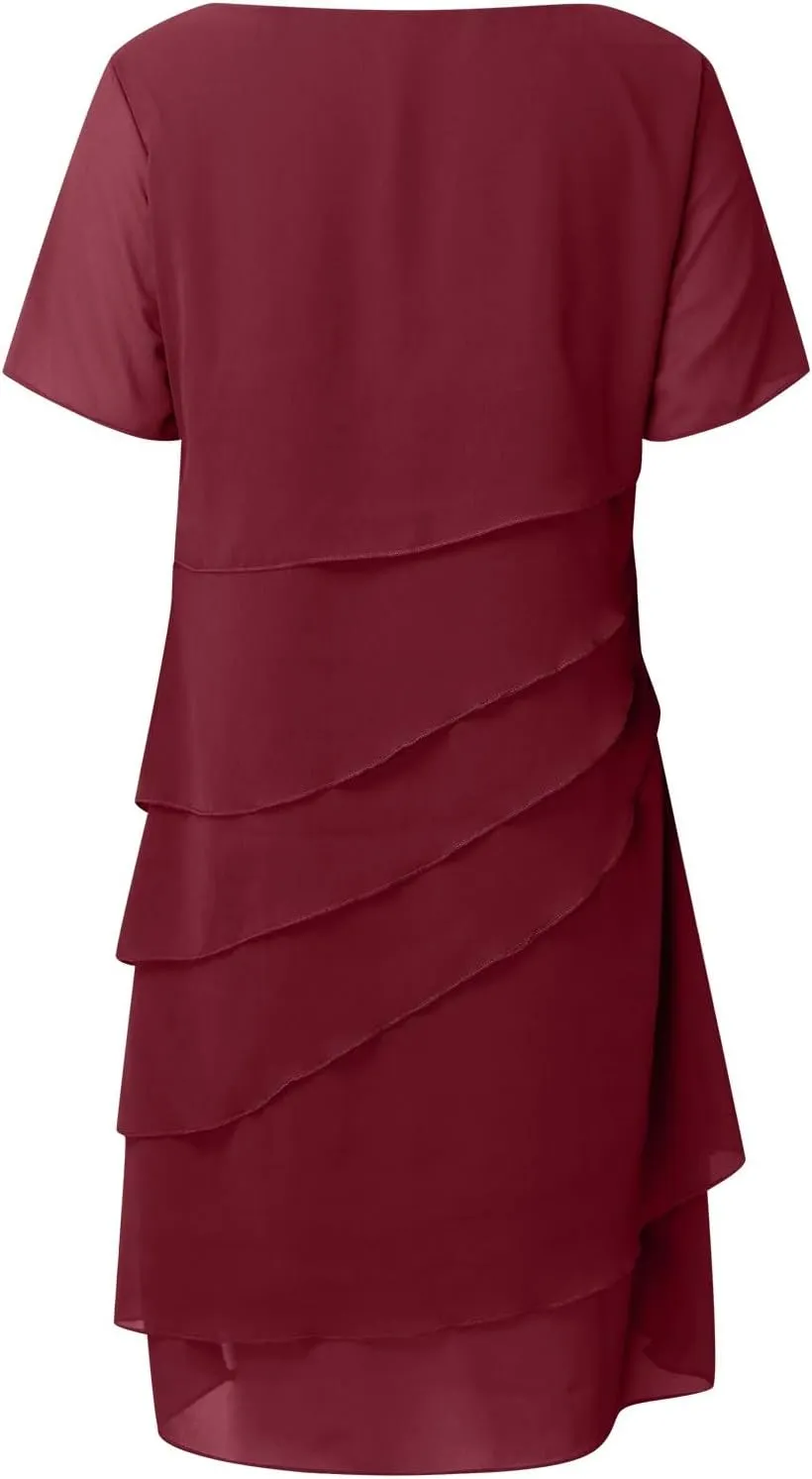 Women Elegant Ruffle Layered Chiffon Midi Dress Summer Flowy Short Sleeve Formal Wedding Cocktail Party Evening Dress