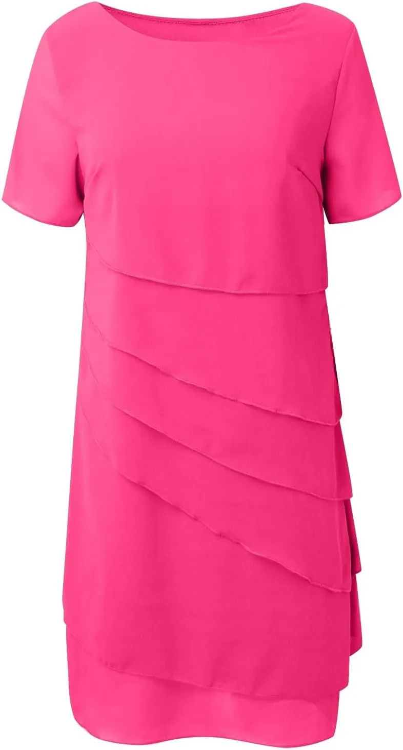 Women Elegant Ruffle Layered Chiffon Midi Dress Summer Flowy Short Sleeve Formal Wedding Cocktail Party Evening Dress