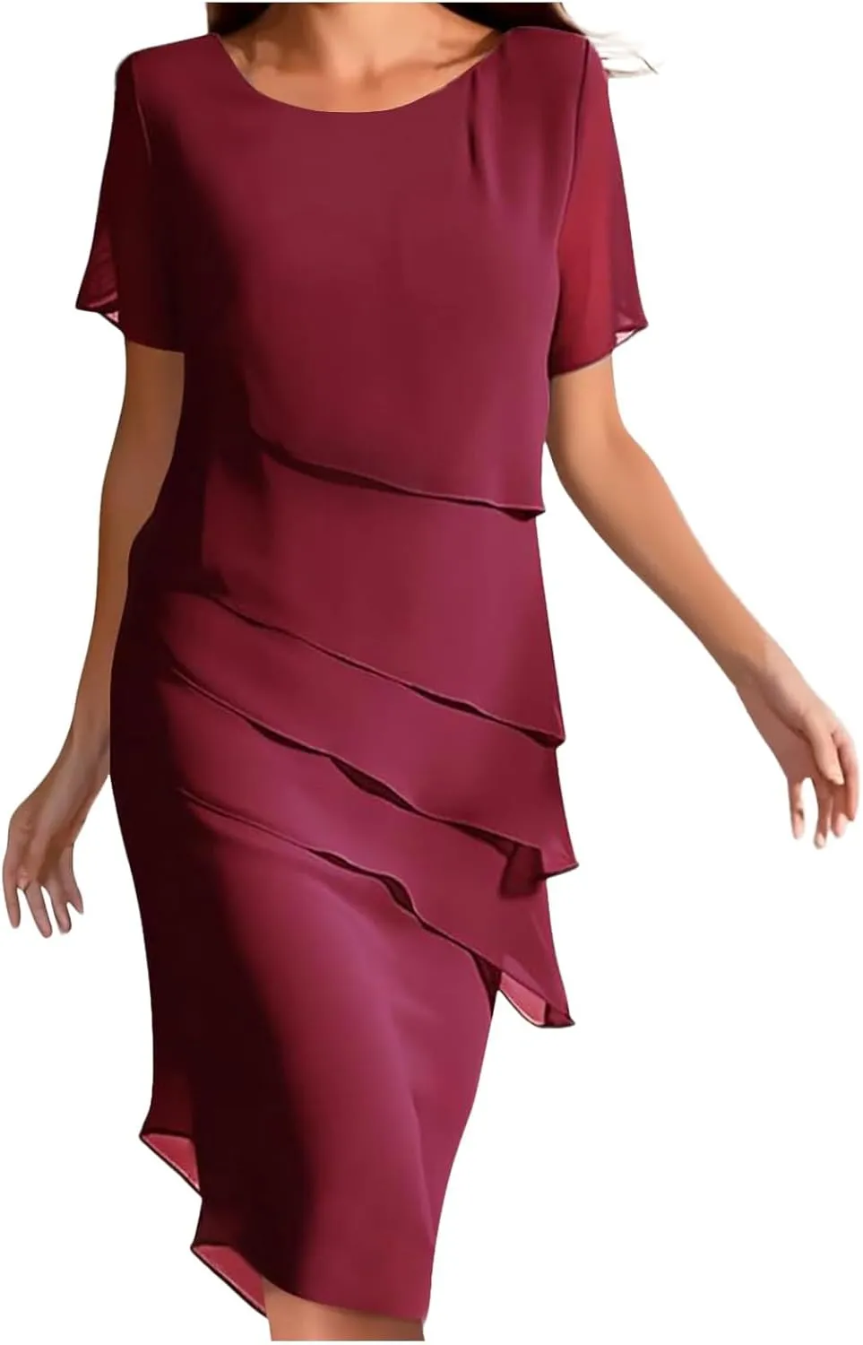 Women Elegant Ruffle Layered Chiffon Midi Dress Summer Flowy Short Sleeve Formal Wedding Cocktail Party Evening Dress