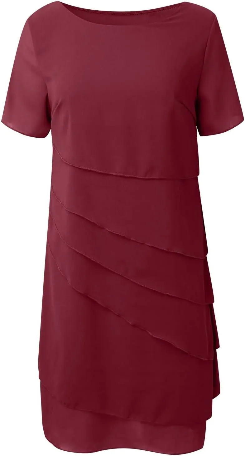 Women Elegant Ruffle Layered Chiffon Midi Dress Summer Flowy Short Sleeve Formal Wedding Cocktail Party Evening Dress