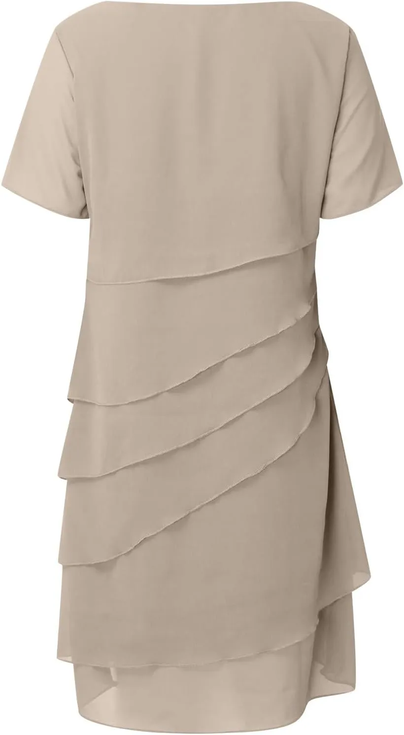 Women Elegant Ruffle Layered Chiffon Midi Dress Summer Flowy Short Sleeve Formal Wedding Cocktail Party Evening Dress