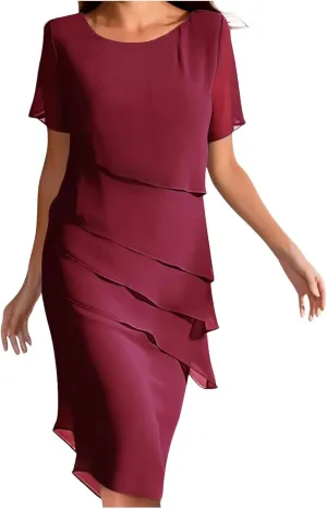 Women Elegant Ruffle Layered Chiffon Midi Dress Summer Flowy Short Sleeve Formal Wedding Cocktail Party Evening Dress