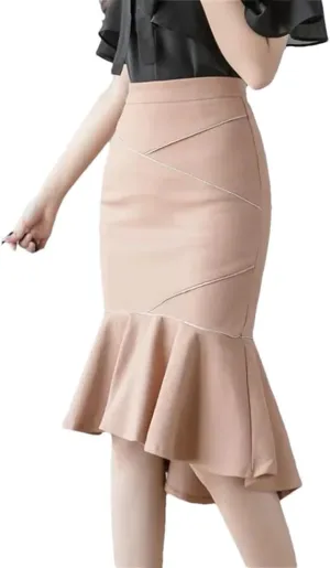 Women Fashion Black Ruffles High Waist Bodycon Long Skirts Elegant Korean Office Sexy Pencil Skirt