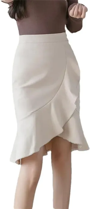 Women Fashion Knee Length Ruffles Bodycon High Waist Skirts Elegant Korean Office Sexy Pencil Skirt