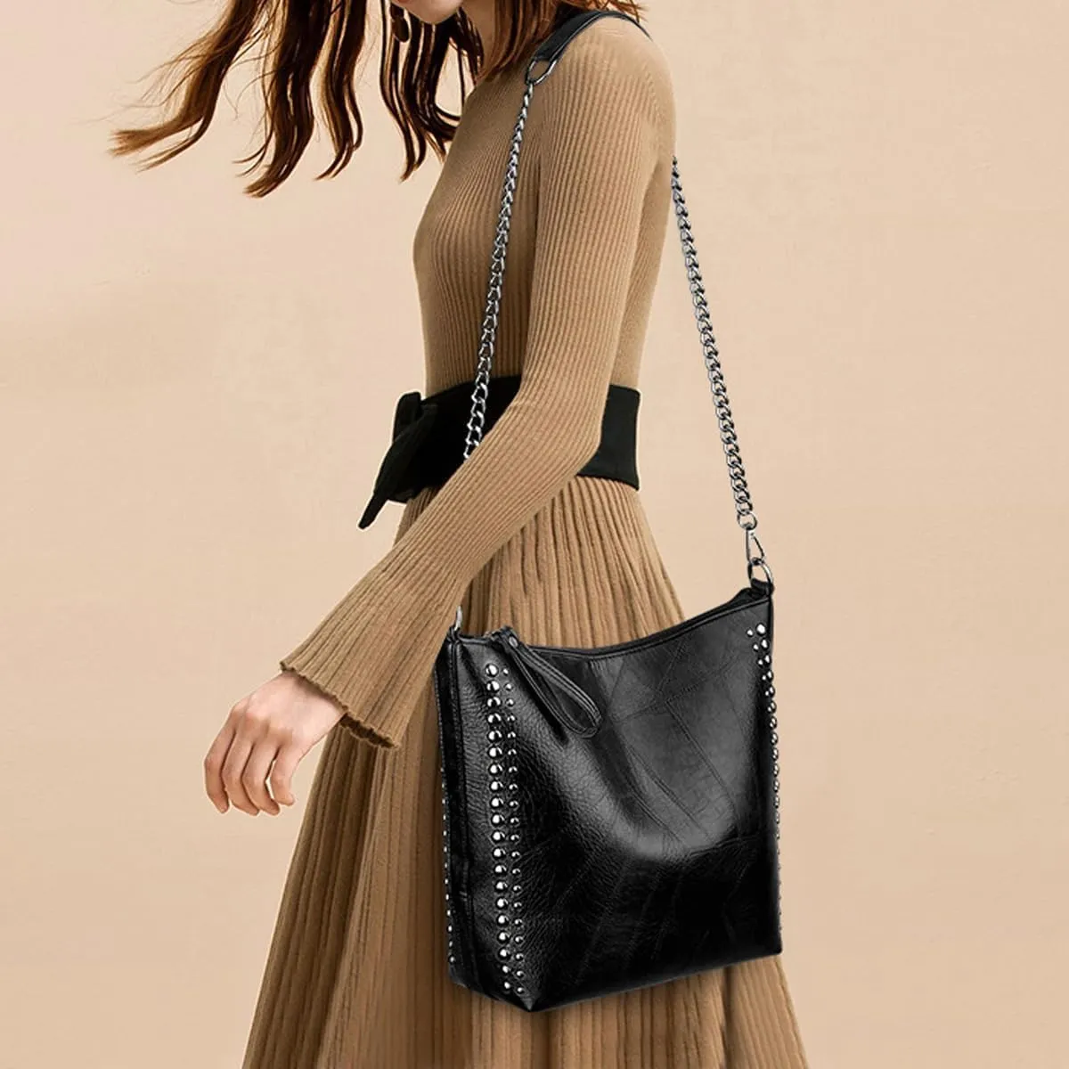 Women Fashion Tote Bag PU Leather Rivet Studded Ladies Purse Chain Shoulder Bag Satchel Work Shopping