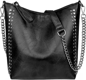 Women Fashion Tote Bag PU Leather Rivet Studded Ladies Purse Chain Shoulder Bag Satchel Work Shopping