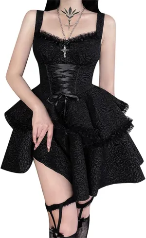 Women Gothic Dress Punk Halloween Vintage Harajuku Velvet Lace Y2k Mall Goth A-Line Dresses