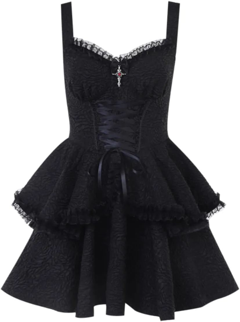 Women Gothic Dress Punk Halloween Vintage Harajuku Velvet Lace Y2k Mall Goth A-Line Dresses