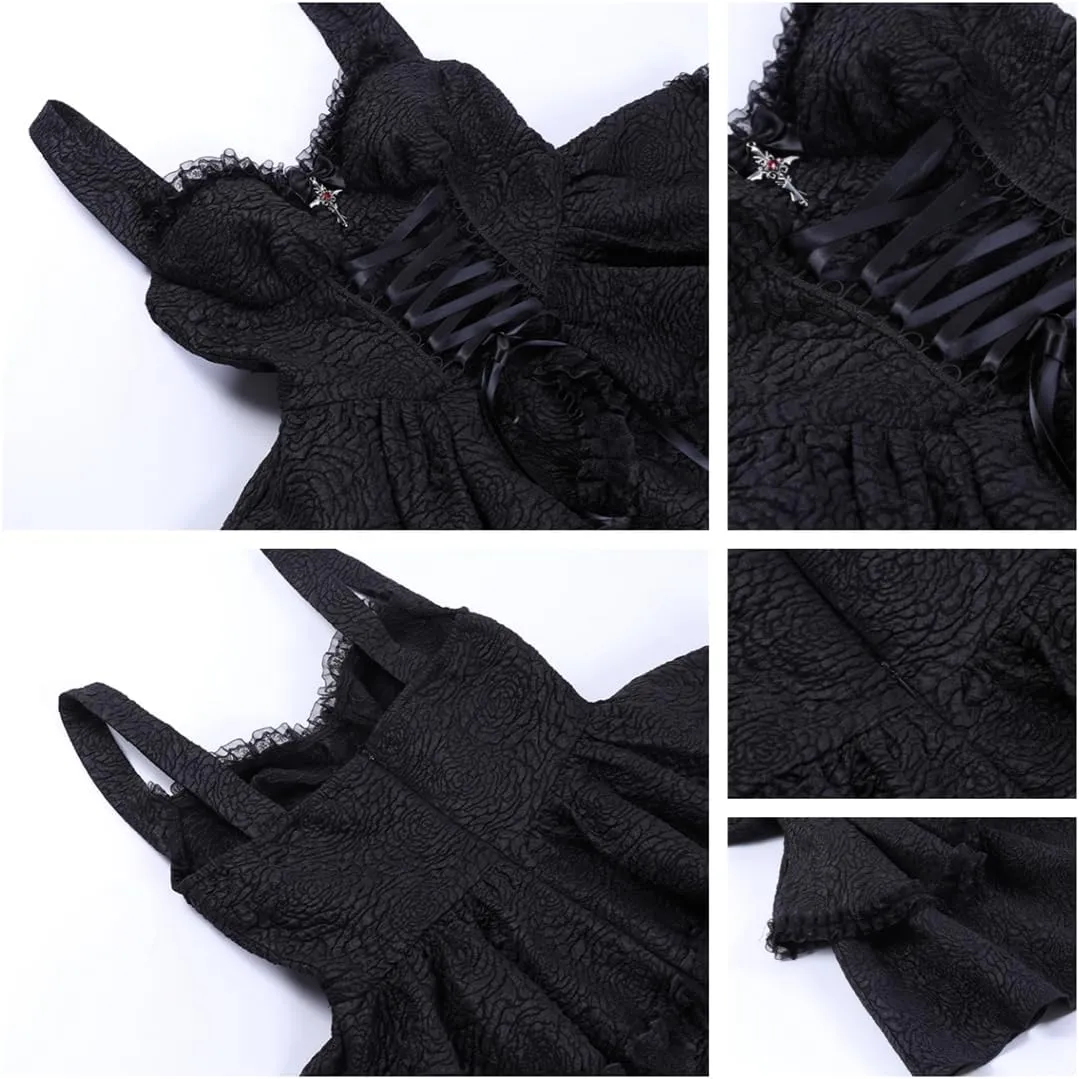 Women Gothic Dress Punk Halloween Vintage Harajuku Velvet Lace Y2k Mall Goth A-Line Dresses