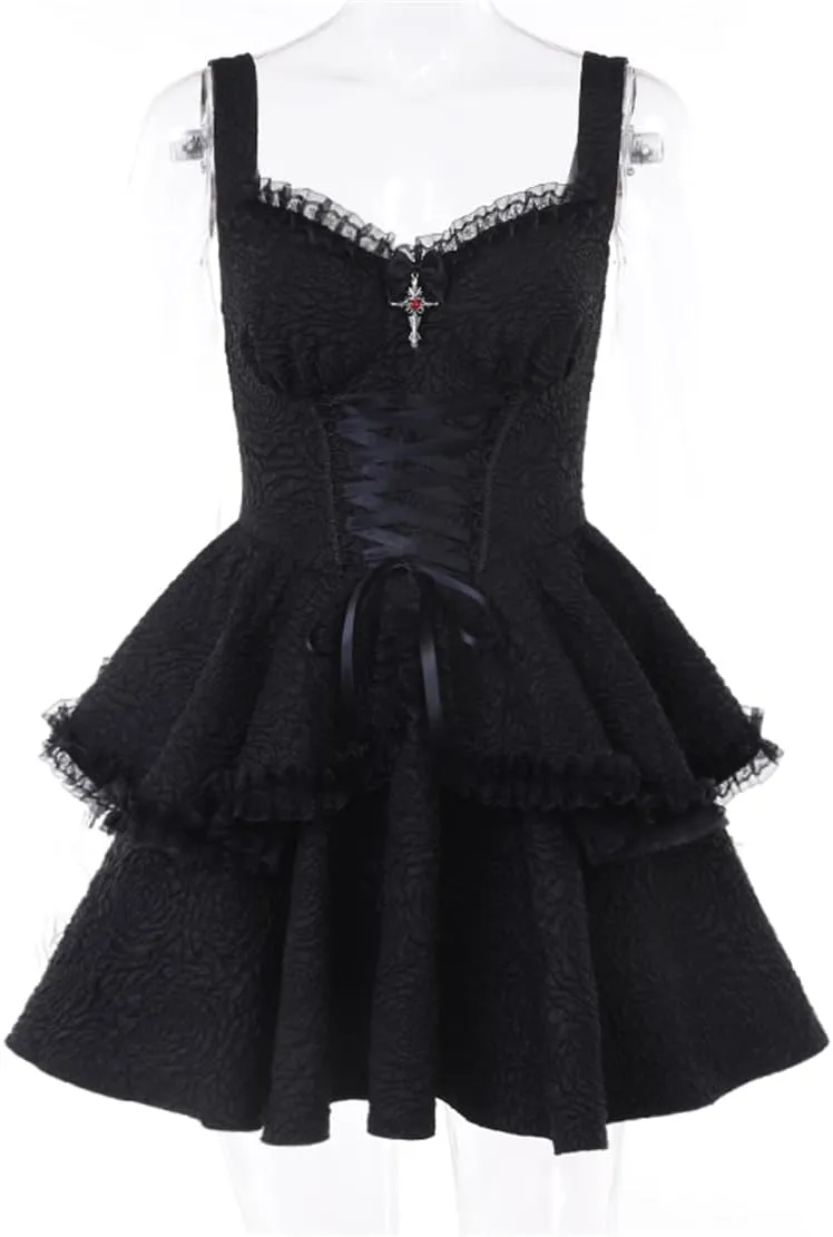 Women Gothic Dress Punk Halloween Vintage Harajuku Velvet Lace Y2k Mall Goth A-Line Dresses