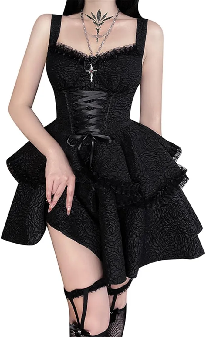 Women Gothic Dress Punk Halloween Vintage Harajuku Velvet Lace Y2k Mall Goth A-Line Dresses