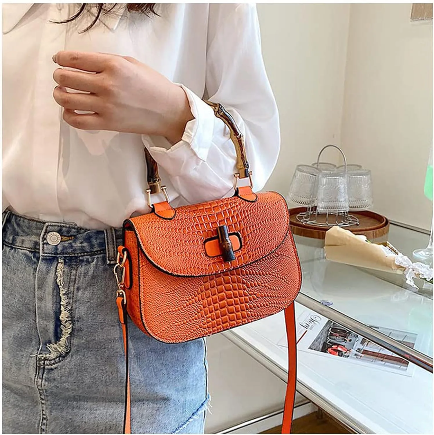 Women Handbag artificial leather Bamboo Top handle Crossbody bag Elegant Purse Evening bag Gift for Women Handmade